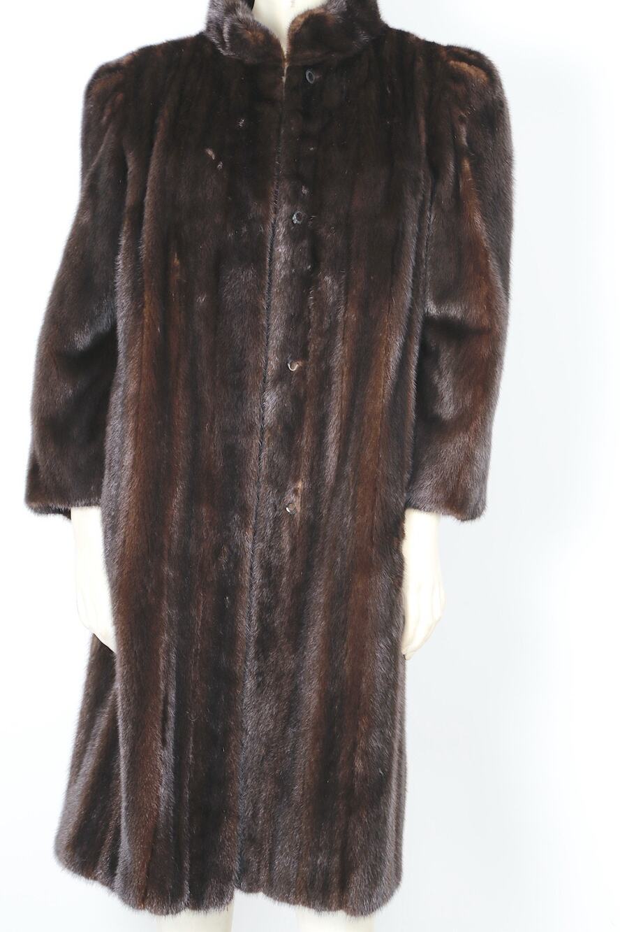 Vintage Dark Mahogany Mink Fur Long Stroller Coat Mandarin Collar XS Petite
